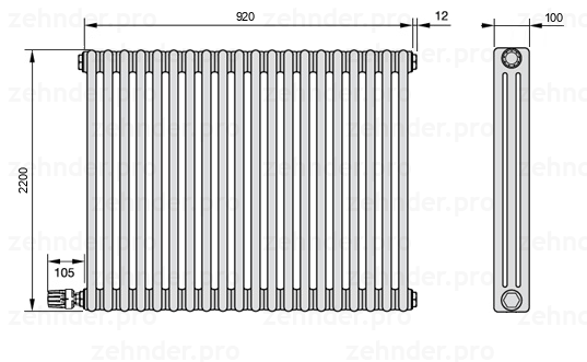Схема (чертеж) Радиатор Zehnder Charleston 3220/20 №V003 Белый глянцевый RAL 9016